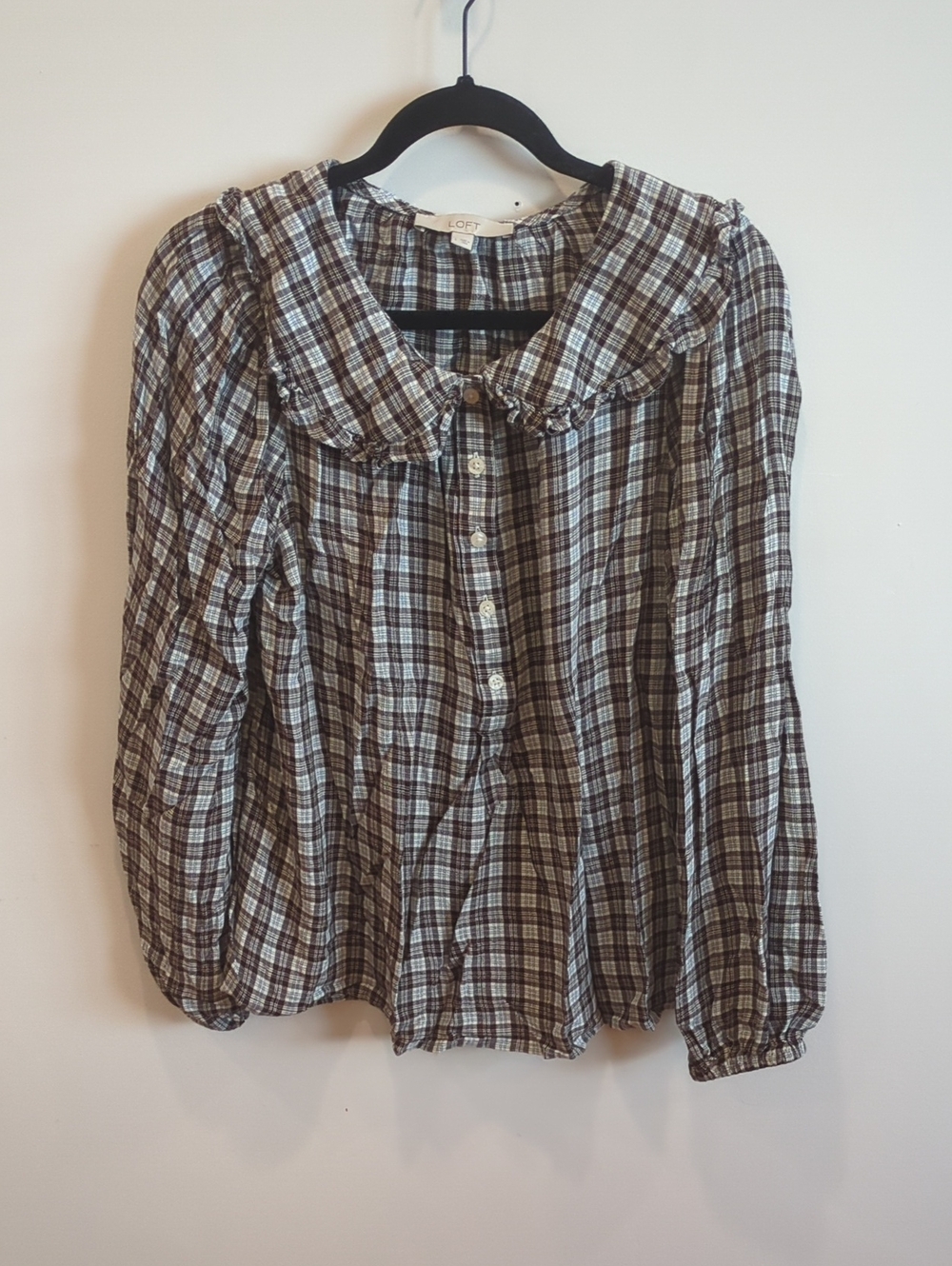 Cottage Boho Preppy Plaid LOFT Brown Navy Cream Ruffle Collar Blouse Large